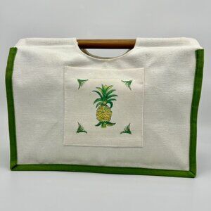 Scribbling Ink Canvas Tote Bag Bamboo Handles White W/Green Trim Pineapple Motif